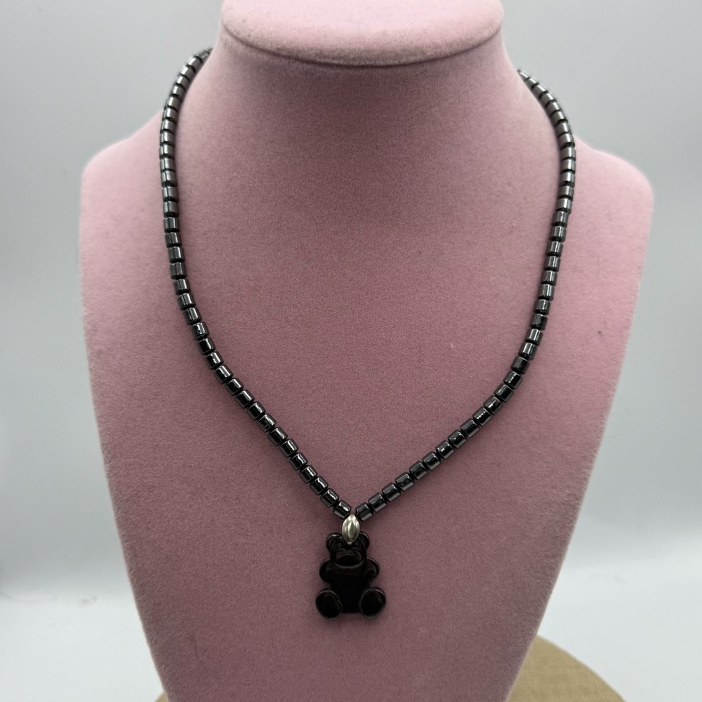 Black Hematite Bead teddy bear Necklace with Bear Charm